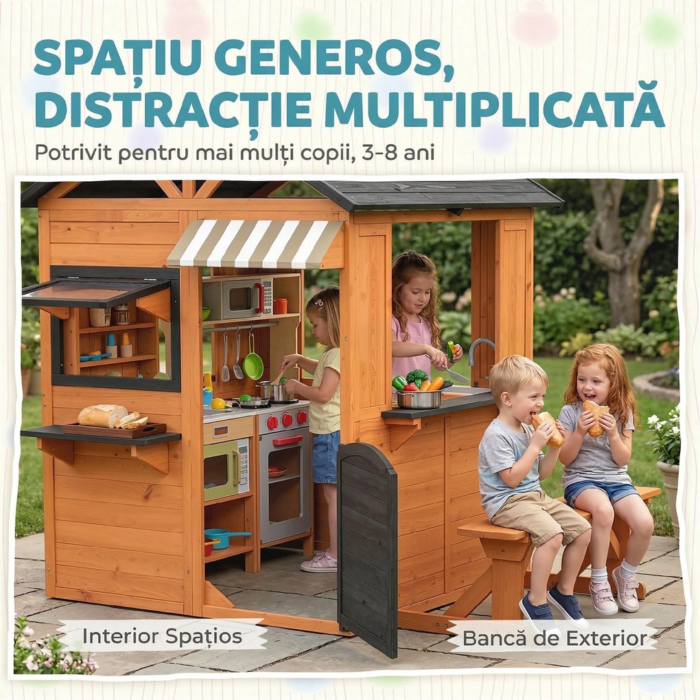 AIYAPLAY Căsuță de Grădină pentru Copii din Lemn de Brad, Căsuță pentru Exterior cu Bucătărie, 4 Ferestre, Ușă Parțială, Bancă, Raft și Acoperiș, pentru Copii 3-8 Ani, 171.5x146x156 cm, Maro | Aosom Romania