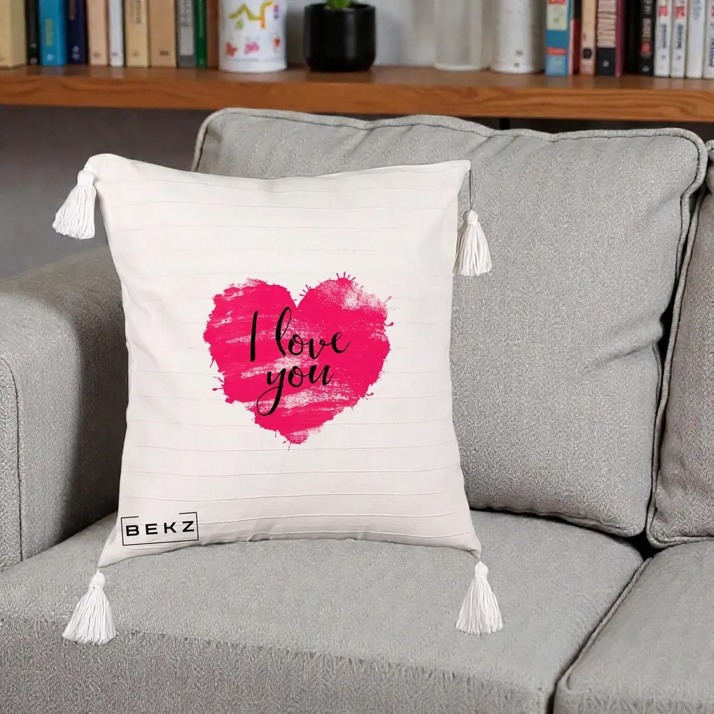 Cadou Romantic - Perna Personalizata I Love You Inima Roz, 40x40 cm, Bej cu Franjuri, Husa Detasabila, Perna Inclusa, BEKZ®