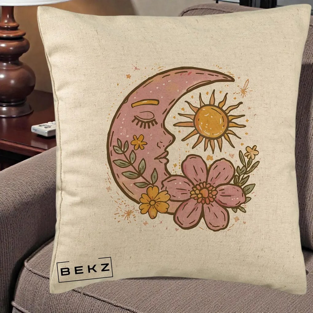 Perna Personalizata Luna si Soare Floral Boho, 40x40 cm, Bej, Husa Detasabila, Perna Inclusa, BEKZ®