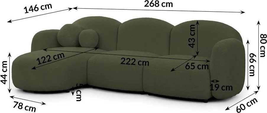 Colțar verde cu tapițerie din țesătură bouclé (cu colț pe partea stângă/cu șezlong) Orbit – Ropez