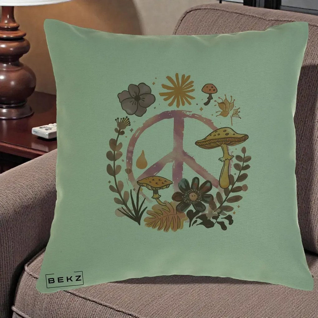 Perna Decorativa Peace Ciuperci Boho, 40x40 cm, Verde, Husa Detasabila, Perna Inclusa, BEKZ®