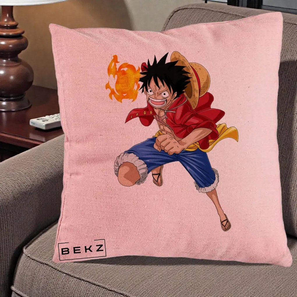 Perna Personalizata One Piece Luffy Gear Second Foc, 40x40 cm, Roz, Husa Detasabila, Perna Inclusa, BEKZ®