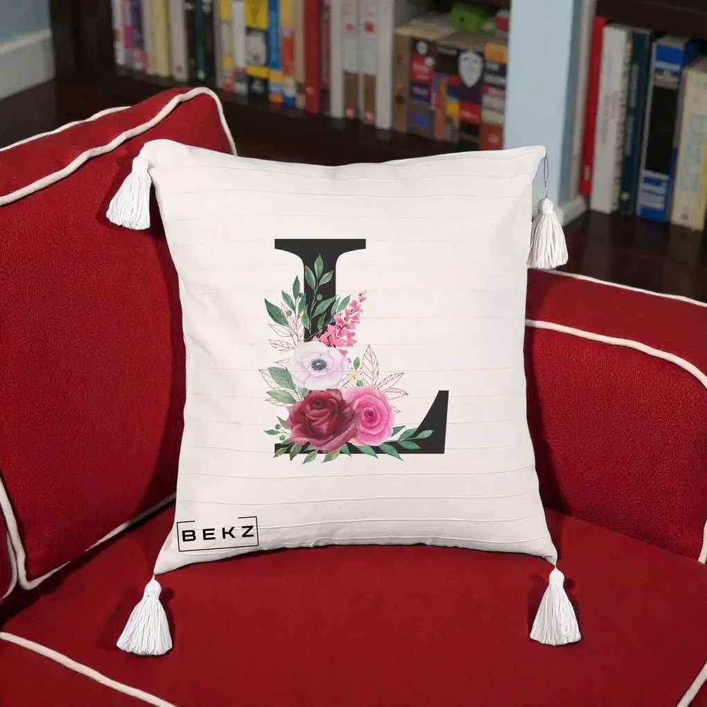 Cadou Personalizat - Perna Personalizata Monograma Florala Litera L, 40x40 cm, Bej cu Franjuri, Husa Detasabila, Perna Inclusa, BEKZ®