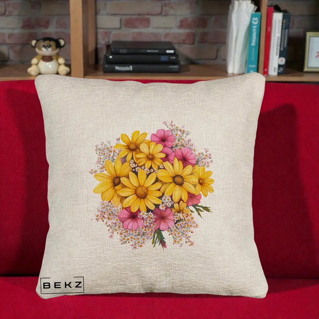 Perna Decorativa Floarea-Soarelui cu Cosmos Roz si Gypsophila, 40x40 cm, Bej Canapea, Husa Detasabila, Perna Inclusa, BEKZ®