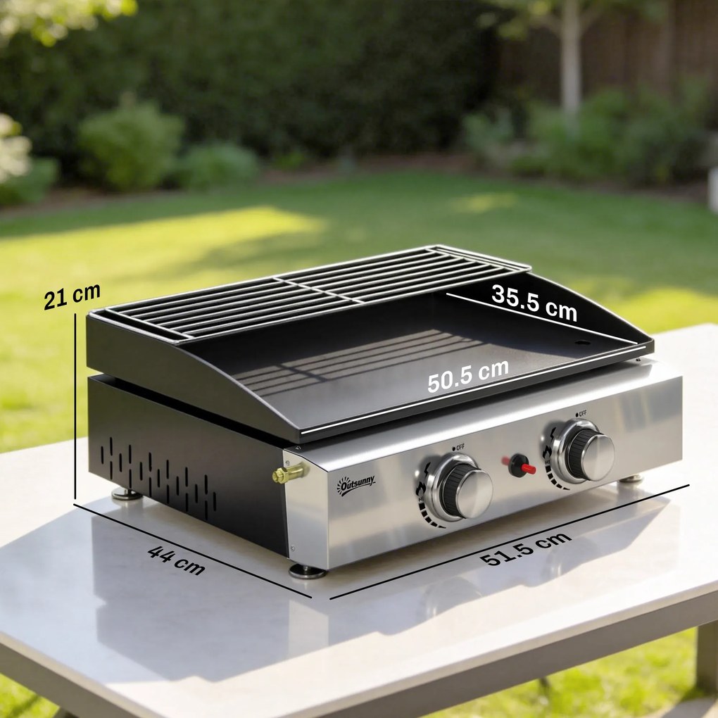 Outsunny Grătar pe gaz 5 kW Tragabil Grătar de masă cu 2 arzătoare, strat ceramic, grilaj, grilaj de menținere la cald | Aosom Romania