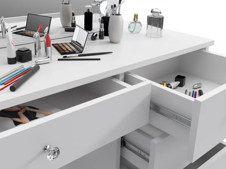 Masuta machiaj cu Oglinda LED si 5 Sertare pentru Cosmetice, Set Masa toaleta 110 cm, Alb, masuta cosmetica, vanity - SEA534