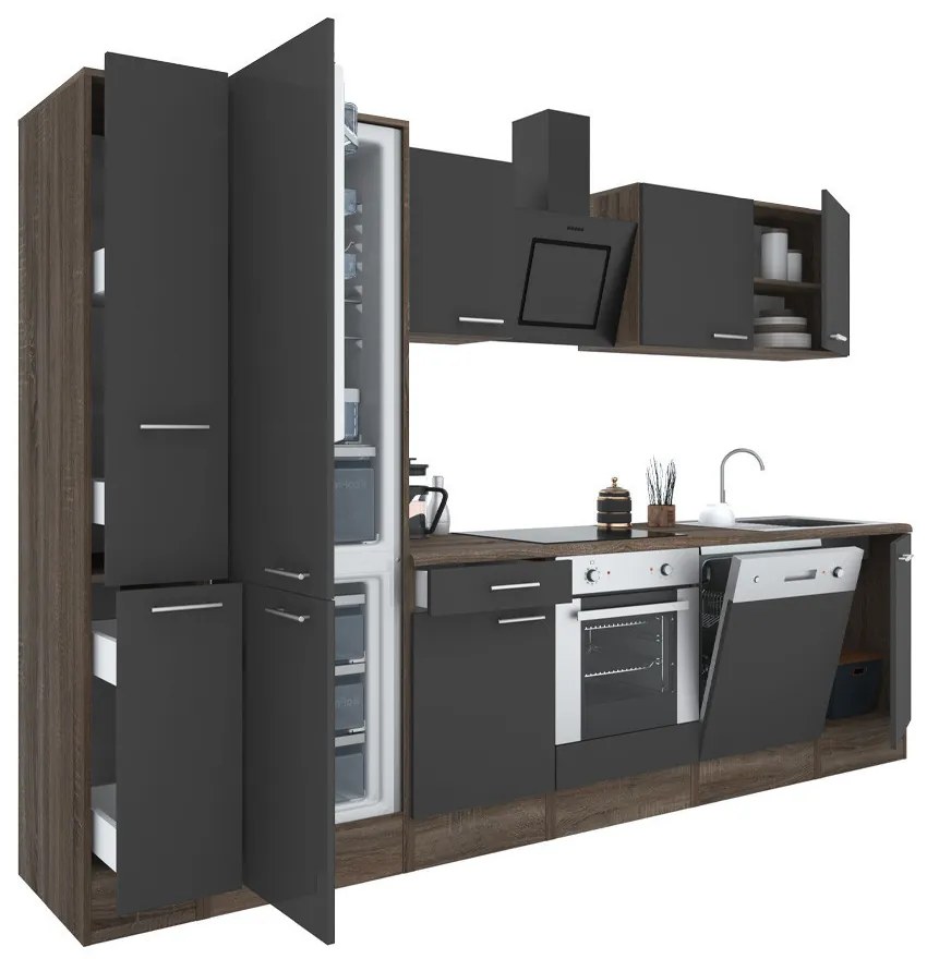 Mobilă de bucătărie Yorki 310, corp din stejar Yorki, față antracit satinat cu element cuptor inferior, frigider congelator inferior