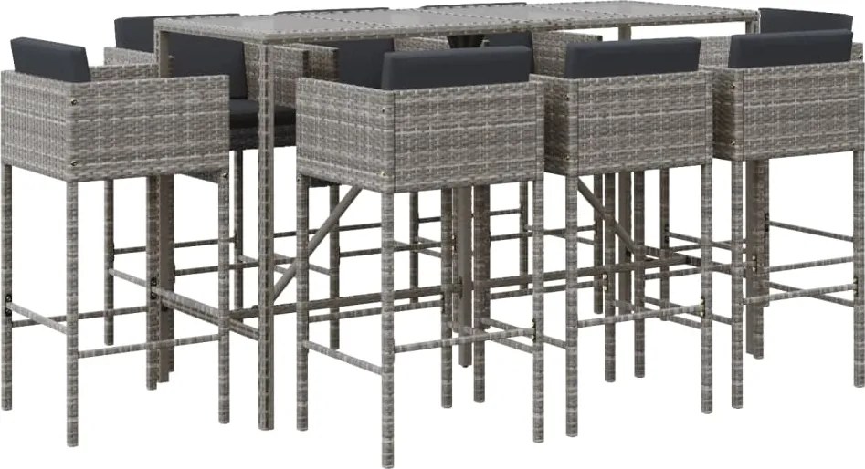 vidaXL Set mobilier bar de grădină, cu perne, 9 piese, gri, poliratan