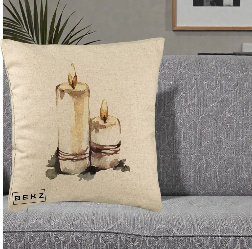 Perna Decorativa Lumanari Acuarela Iarna, 40x40 cm, Bej, Husa Detasabila, Perna Inclusa, BEKZ®