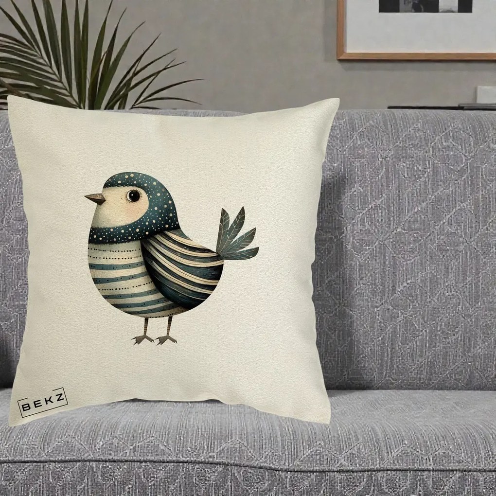 Perna Decorativa Pasare Teal Decorativa Dungata, 40x40 cm, Ecru, Husa Detasabila, Perna Inclusa, BEKZ®
