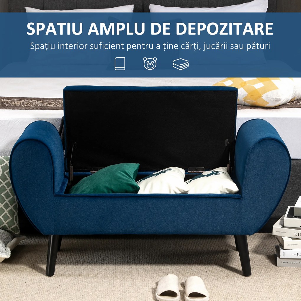 Banca Depozitare Capitonata HOMCOM, Banca Capatul patului din Tesatura Catifelata cu Cotiere, 118x42x66cm, Albastru inchis | Aosom Romania