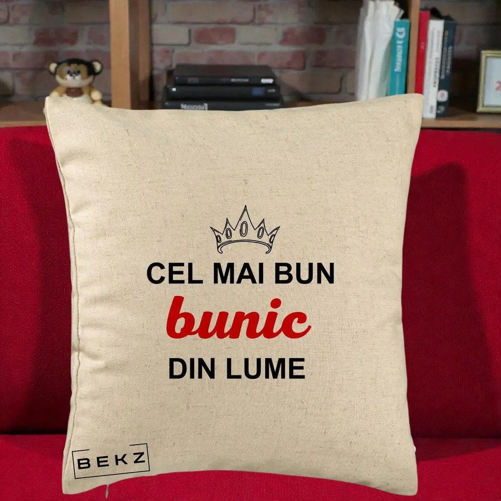 Cadou pentru Bunic - Perna Personalizata Cel Mai Bun Bunic Din Lume Coroana Rosu, 40x40 cm, Bej, Husa Detasabila, Perna Inclusa, BEKZ®