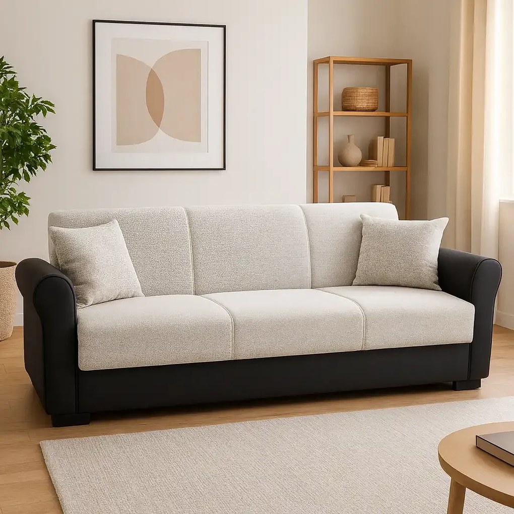 Canapea extensibila 3 loc cu spatiu de depozitare – stofa negru si bej – Country