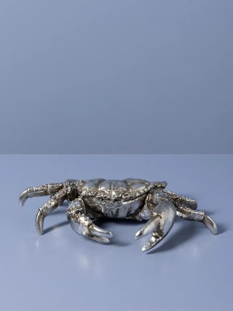 Cutie decorativă din rășină argintie în formă de crab, capac detașabil, finisaj antichizat, 7 x 28,5 x 18,5 cm, „Océane”