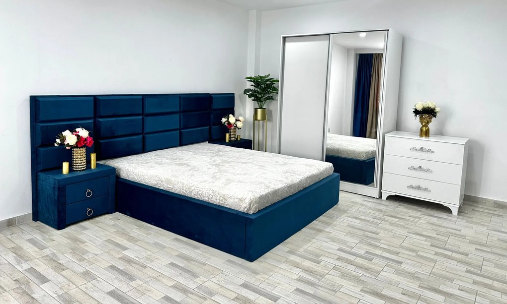 Dormitor complet Roma, culoare albastru / alb, cu pat Roma 160 x 200 cm, dressing Erika, 2 noptiere Roma si comoda Viena