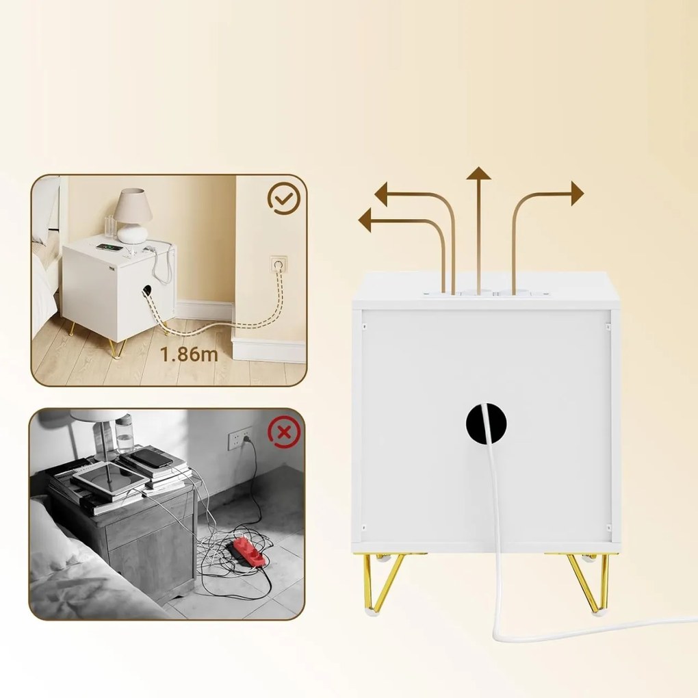 NOA29 - Set 2x Noptiere albe 40x40x47 cm, riflaje, cu sau fara Priza, cu 2 sertare, dormitor - Alb-Auriu