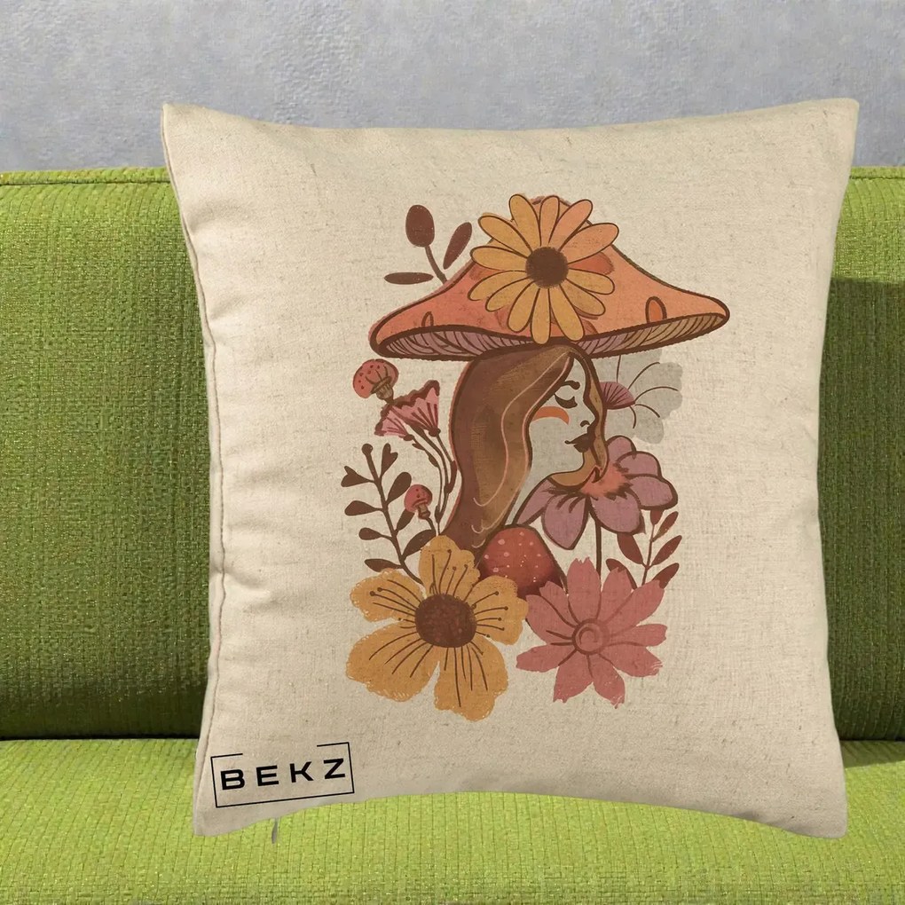 Perna Decorativa Fata Ciuperca Florala Boho, 40x40 cm, Bej, Husa Detasabila, Perna Inclusa, BEKZ®