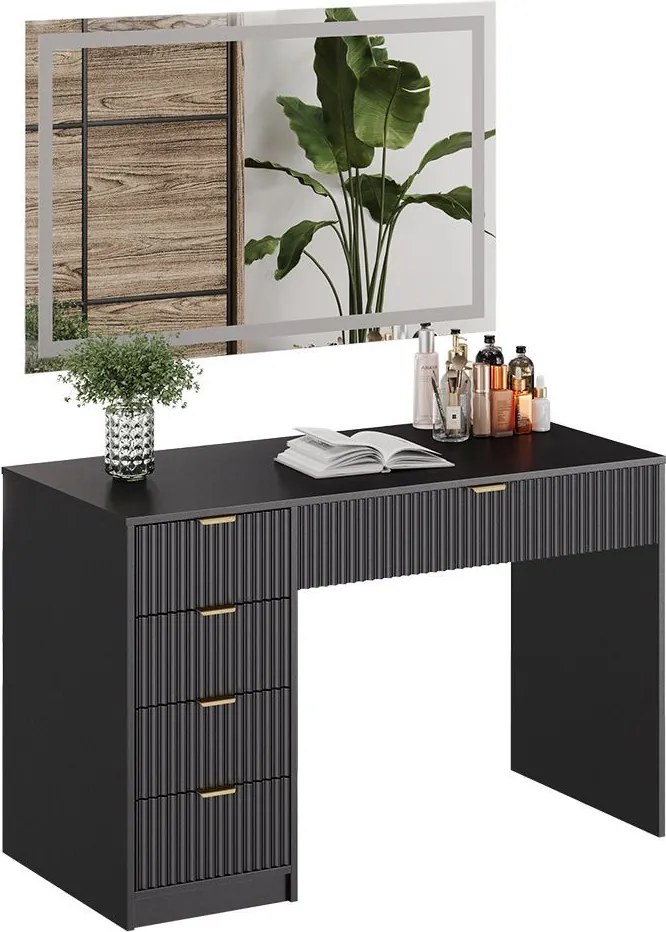 Masuta machiaj neagra cu Oglinda LED si 5 Sertare pentru Cosmetice, Set Masa toaleta 120 cm, masuta vanity cu Riflaj, cosmetica- SEN250