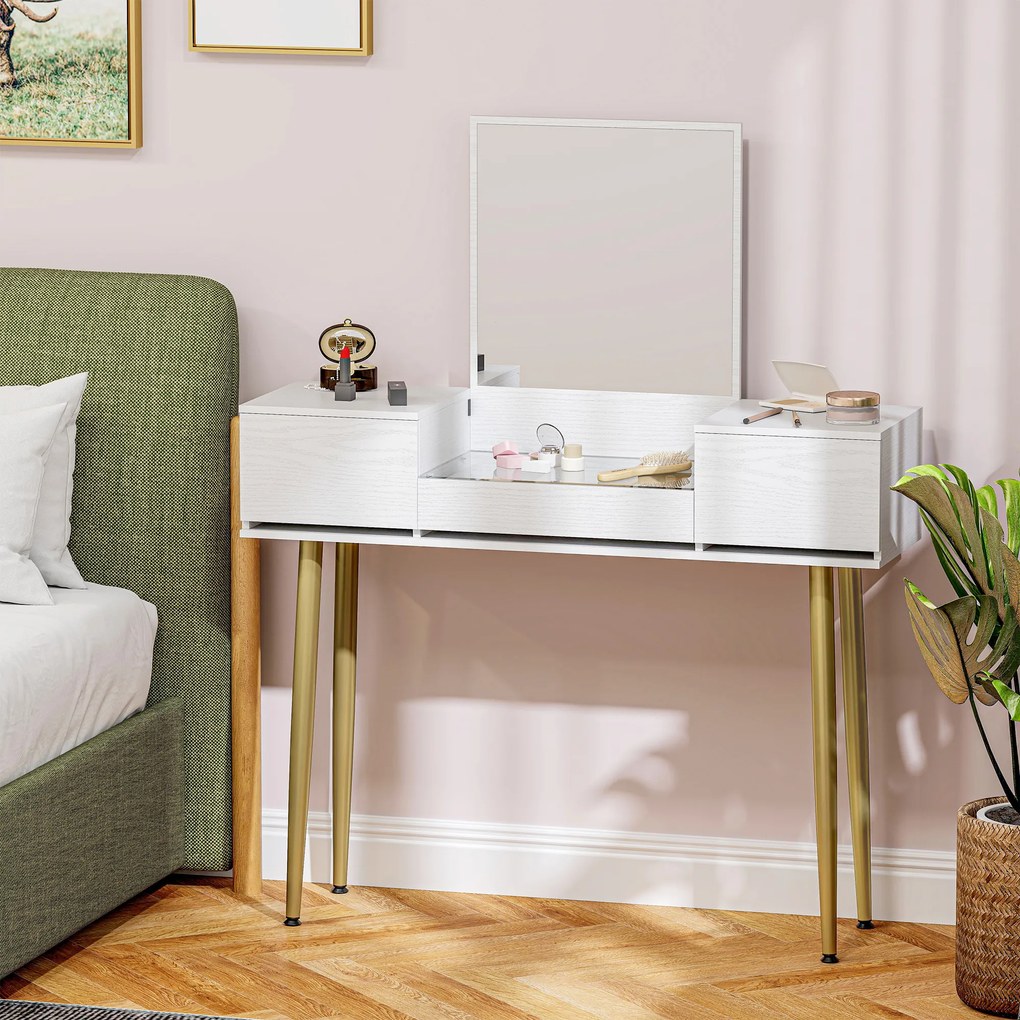 HOMCOM Masă de toaletă elegantă cu oglindă pătrată și sertare organizatoare 105,5x30x130,5 cm Alb și Auriu | Aosom Romania