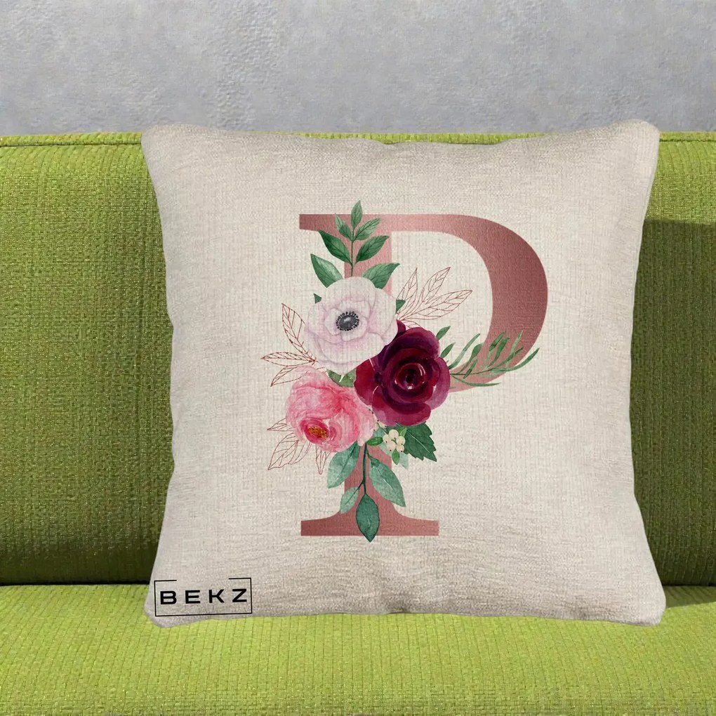 Cadou Personalizat - Perna Personalizata Monograma Rose Gold Litera P, 40x40 cm, Bej Canapea, Husa Detasabila, Perna Inclusa, BEKZ®