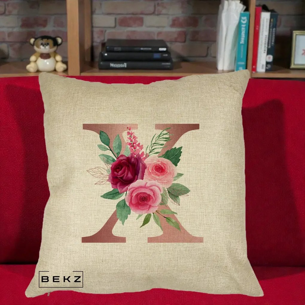 Cadou Personalizat - Perna Personalizata Monograma Rose Gold Litera X, 40x40 cm, Crem, Husa Detasabila, Perna Inclusa, BEKZ®