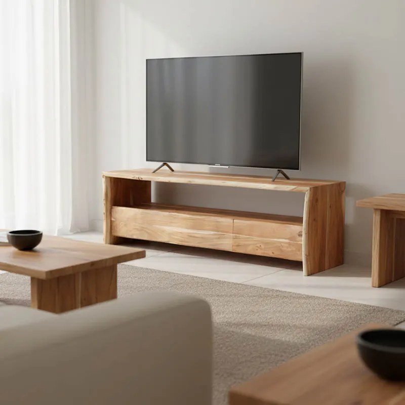 Comoda TV Koryna din lemn masiv de acacia, culoare nuc, 140 x 40 x 45 cm