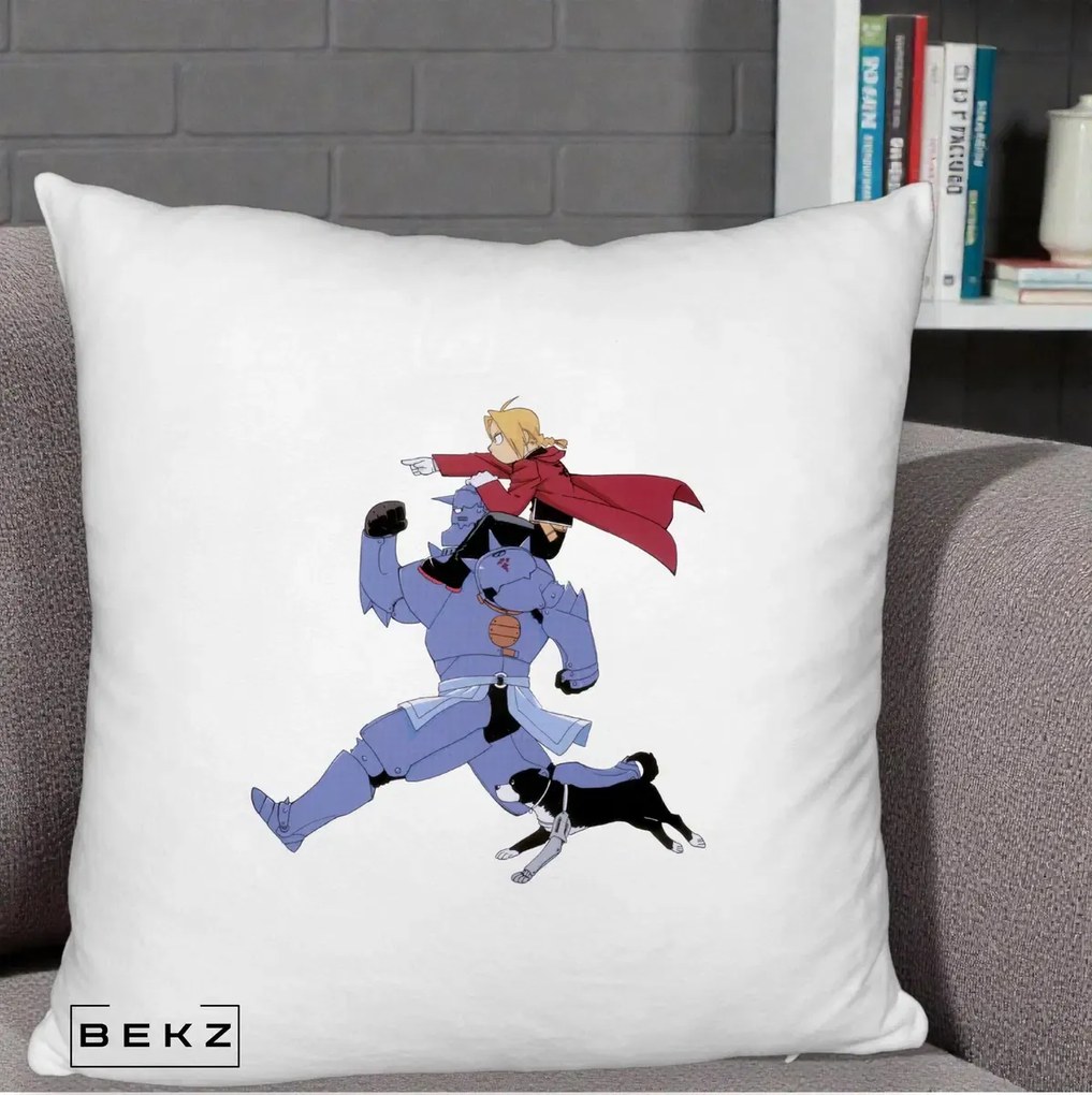 Perna Personalizata Fullmetal Alchemist Edward si Alphonse, 40x40 cm, Alb Pufos, Husa Detasabila, Perna Inclusa, BEKZ®