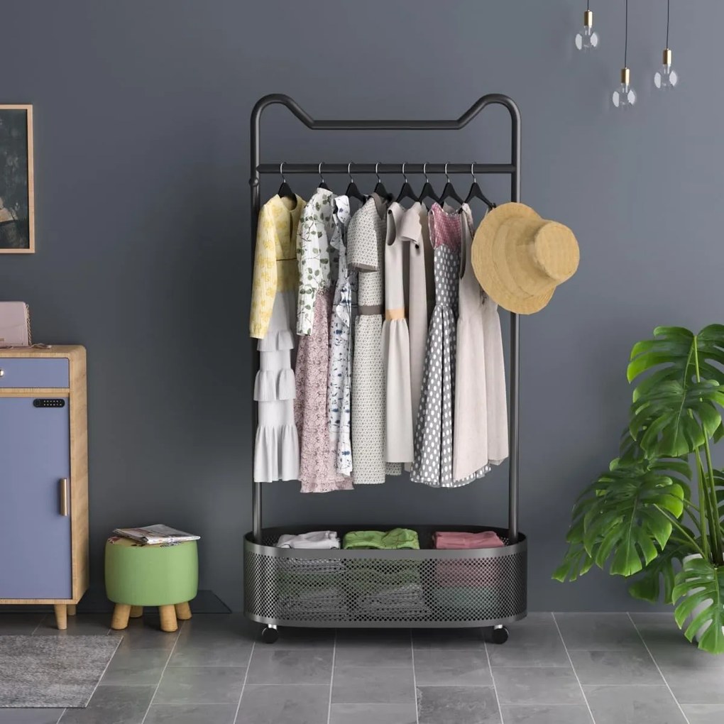SUAU8 - Suport Haine cu spatiu depozitare, 180 cm inaltime, pentru haine, dressing, dormitor - Auriu / Alb