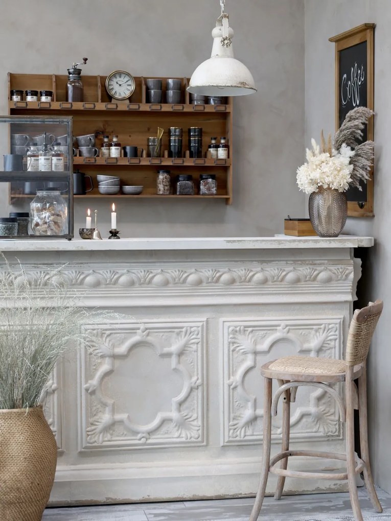 Scaun de bar, din lemn de cauciuc, rattan si rachita, cu aspect vintage, Old French
