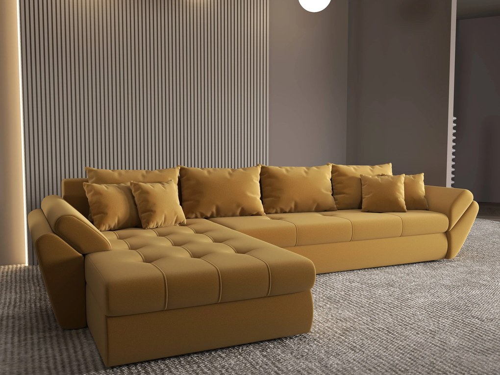 Colțar extensibil dumonde cu ladă de depozitare si sezut confortabil din spuma high-density, Loana XL Royal Mustar 335x185 cm