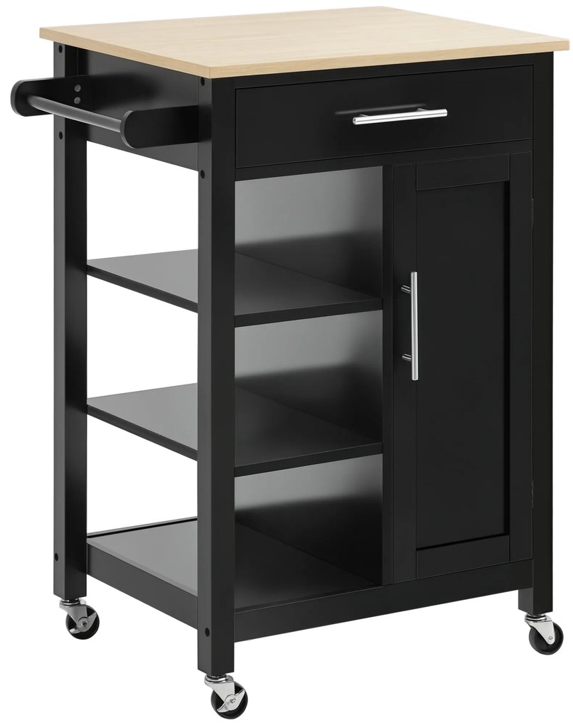 HOMCOM Dulap de Bucătărie cu Roți Dulap de Servire de Stil Contemporan - Ușă, sertar, 3 rafturi - mânere metal Blat Lemn de Hevea Negru | Aosom Romania