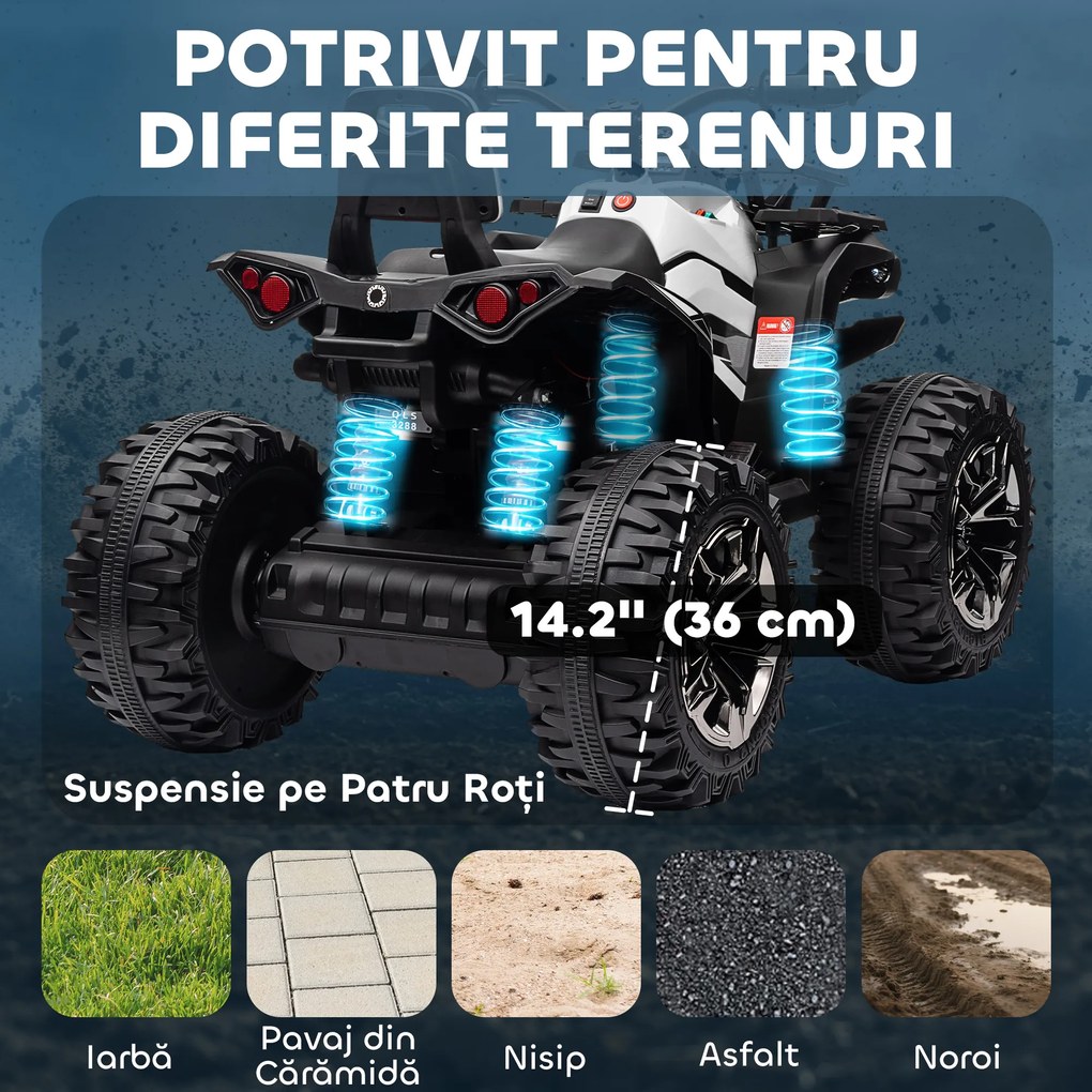 HOMCOM Quad Electric pentru Copii 3-5 Ani 12V, 3-8km/h Mini Quad pentru Copii cu 2 Motoare, Muzică, MP3, Conector USB, Card TF, Faruri și Pedală, Alb | Aosom Romania