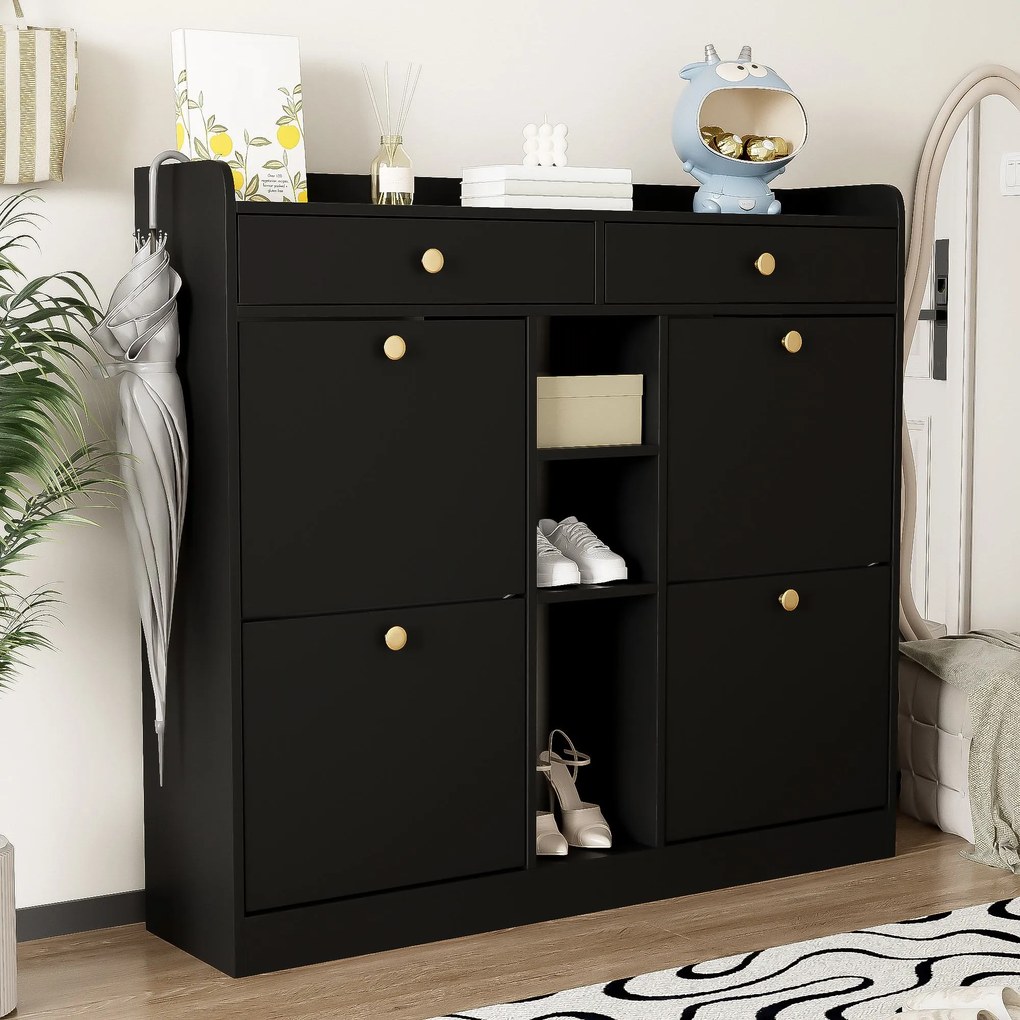 Dulap pentru pantofi cu 4 uși rabatabile, 2 sertare și 3 compartimente deschise, 110x26x100 cm, Negru