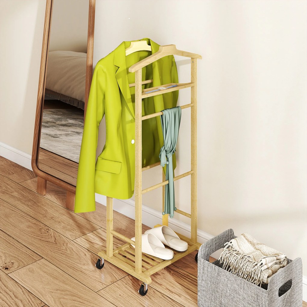 HOMCOM Suport de haine 4 în 1 pe roți din lemn de bambus, 47x33.7x105.5 cm | Aosom Romania