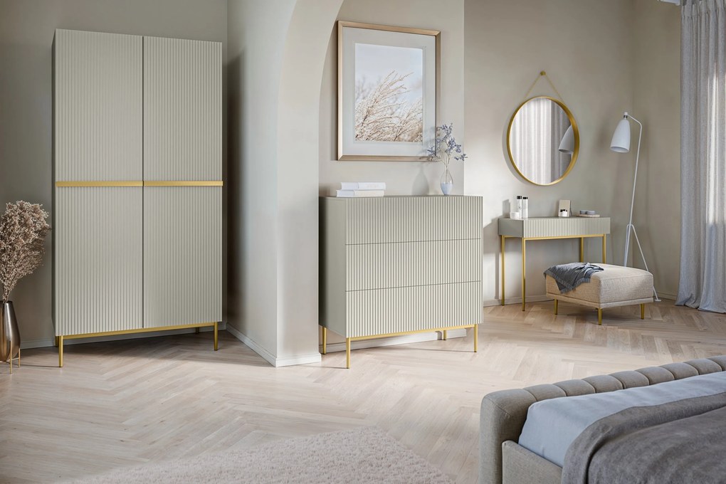 Comodă Nicole 100 cm cu sertare și front striat - casmir / picioare aurii