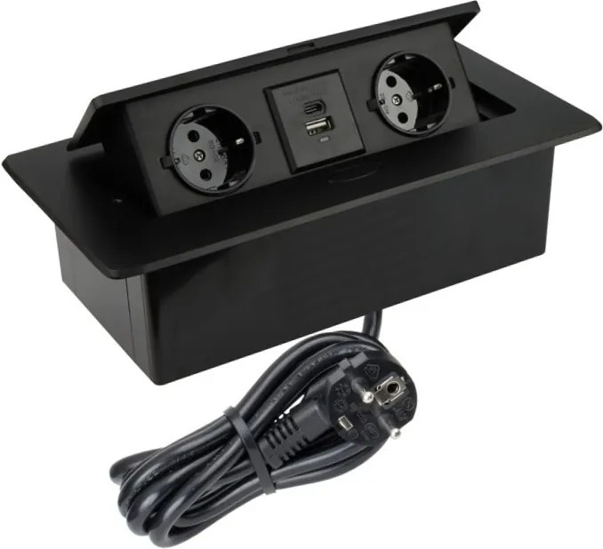 Priză încorporabilă în blat Kombibox Design Light, 2 prize Schuko, USB A + C, negru, 266 x 133 mm Metal, L:266 mm; l:133 mm, Negru