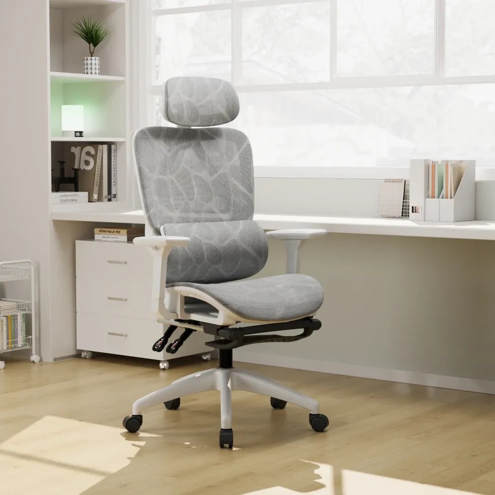 Scaun ergonomic, suport lombar dinamic, tetieră 3D, cotiere 3D, umeras, suport picioare, pivotant, Mesh, Alb/Gri