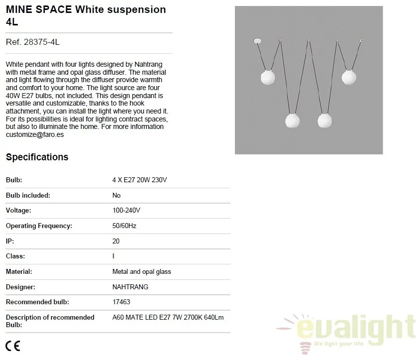 Lustra cu 4 pendule design modern MINE SPACE White 28375-4L