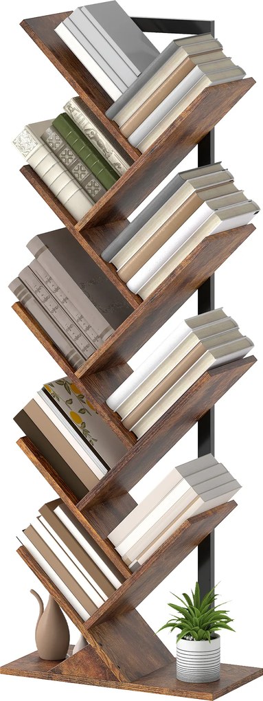 HOMCOM Bibliotecă în formă de copac cu 9 niveluri, corp de depozitare industrial cu cadru din oțel, 50x24x136cm, Maro rustic | Aosom Romania