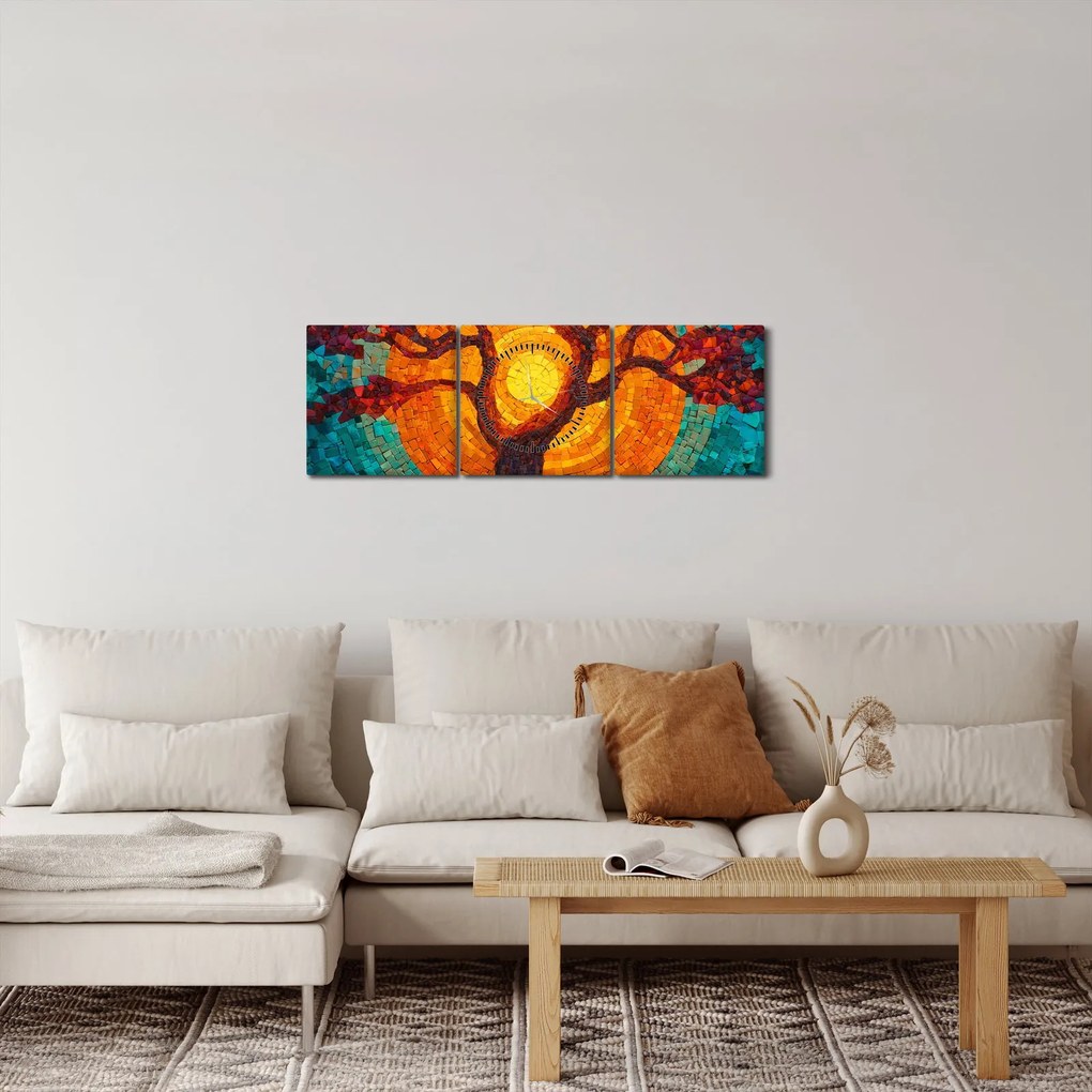 Tablou - Arborele vieții și soarele în mozaic (cu ceas) (90x30 cm)