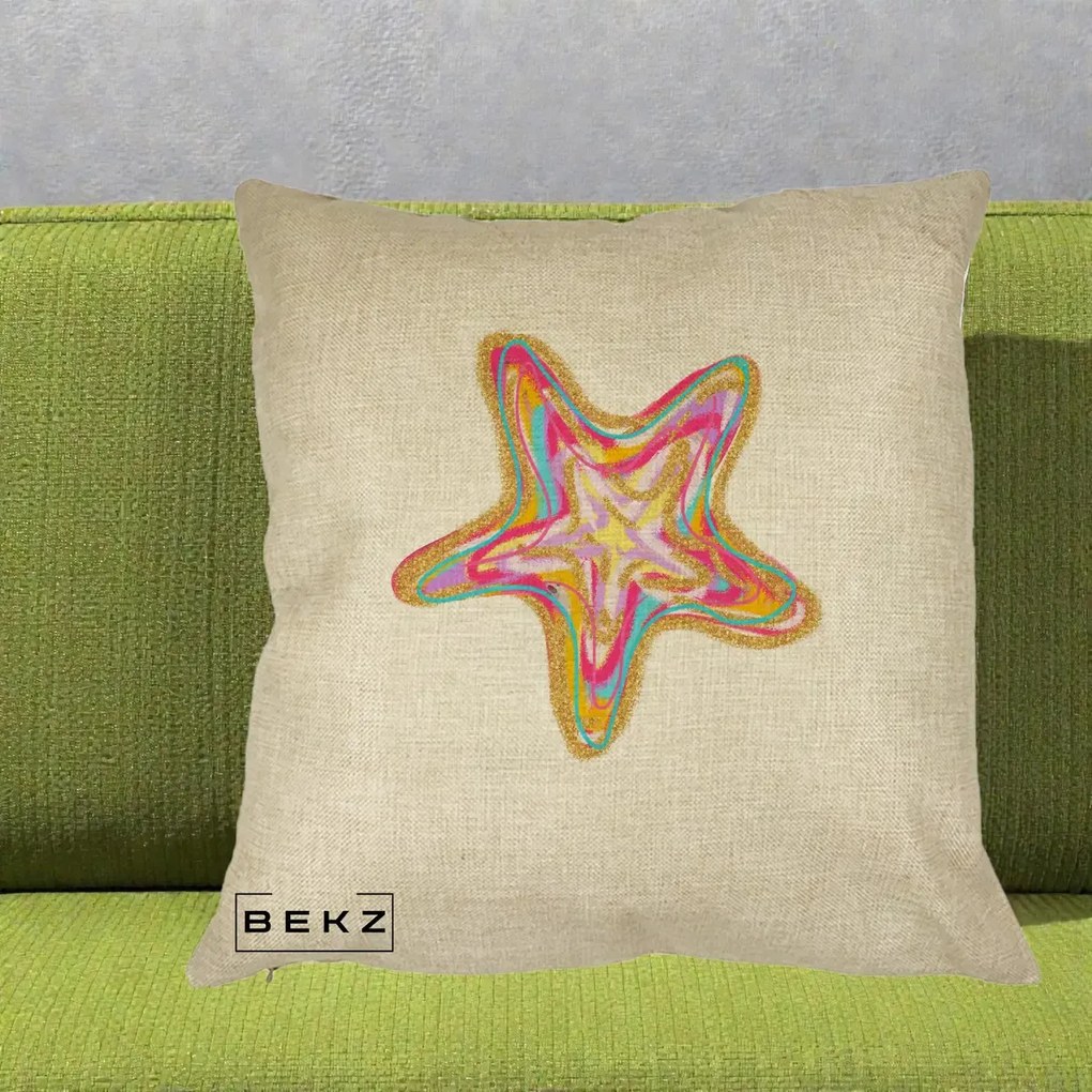 Perna Decorativa Stea de Mare Neon Curcubeu, 40x40 cm, Crem, Husa Detasabila, Perna Inclusa, BEKZ®