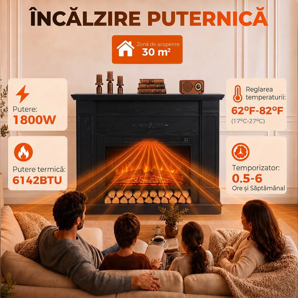 HOMCOM Șemineu electric de podea/încastrat, cu ramă și raft pentru TV 55 inch, 1800W, efect flacără 3D, timer, negru | Aosom Romania