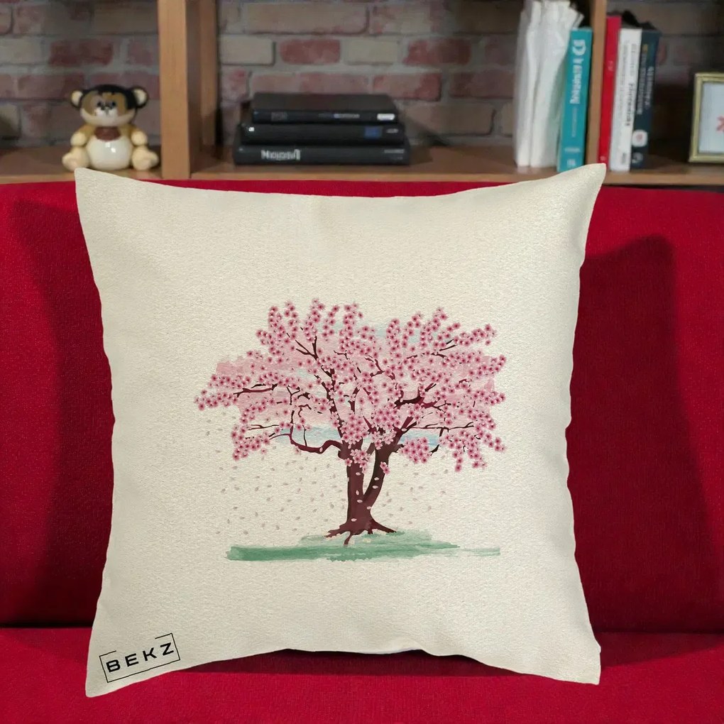 Perna Decorativa Cires Inflorit Acuarela, 40x40 cm, Ecru, Husa Detasabila, Perna Inclusa, BEKZ®