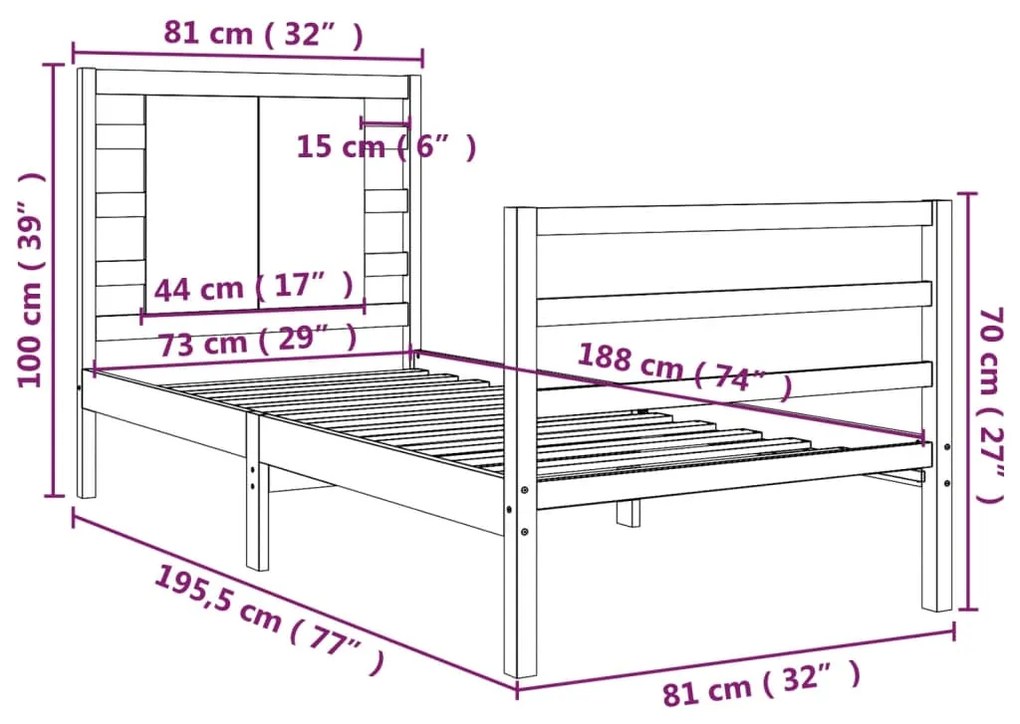 Cadru de pat Small Single 2FT6 maro miere, 75x190 cm lemn masiv maro miere, 75 x 190 cm