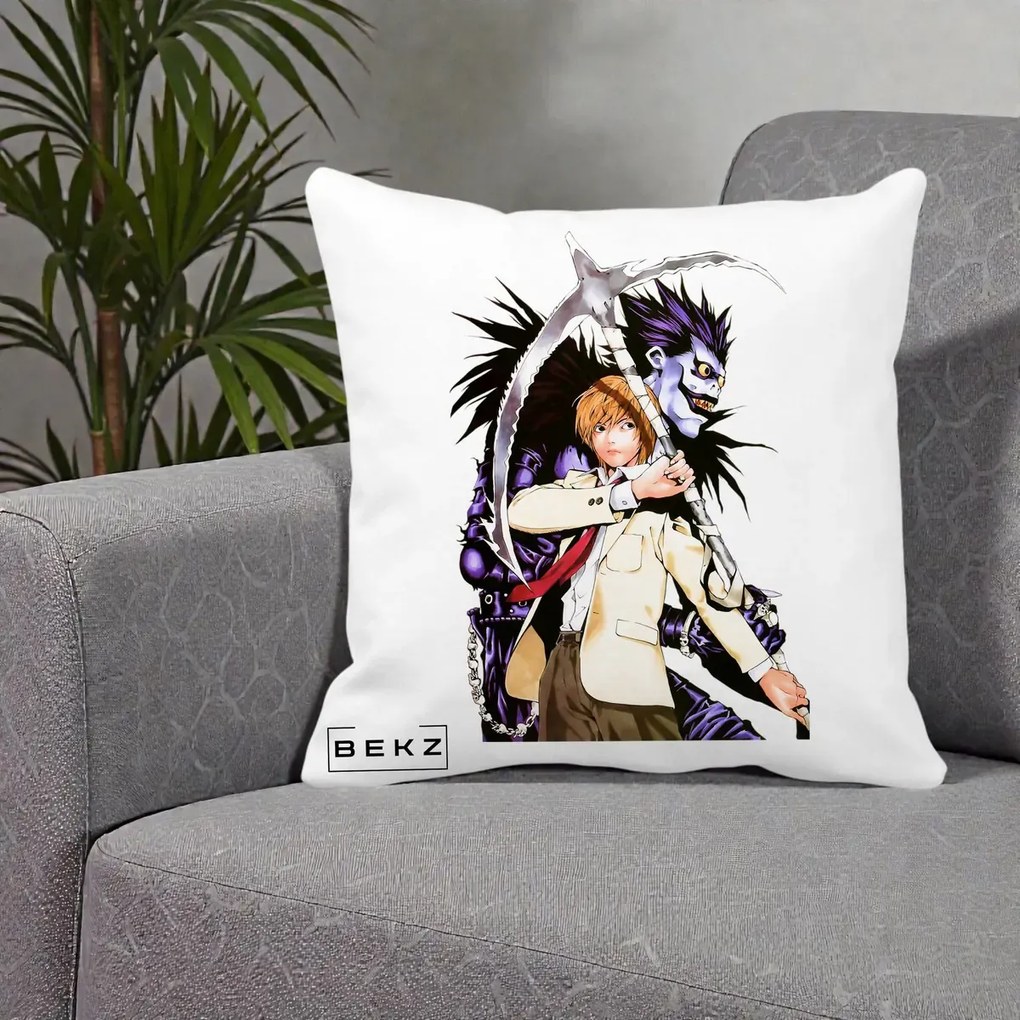 Perna Personalizata Death Note Light si Ryuk Duo, 40x40 cm, Alba Mata, Husa Detasabila, Perna Inclusa, BEKZ®