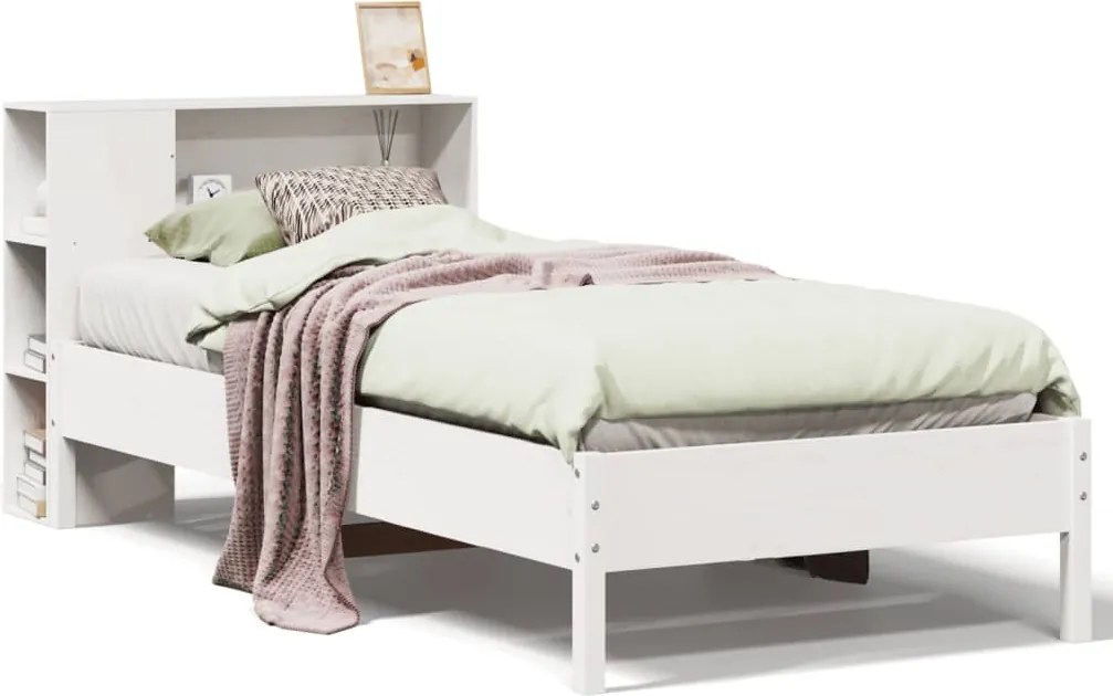 vidaXL Pat cu bibliotecă fără saltea, alb, 75x190 cm, lemn masiv pin