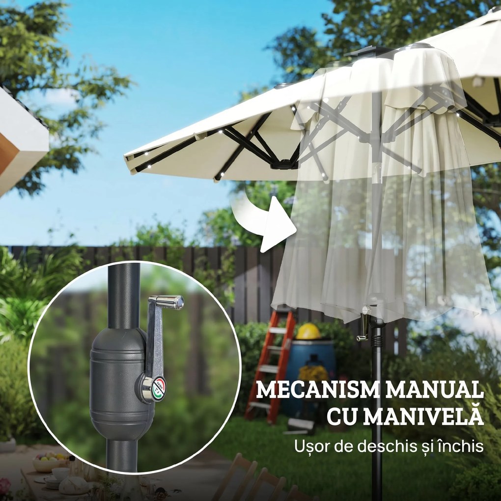 Outsunny Umbrelă dublă, umbrelă terasă, înclinabilă, cu panou solar, 35 LED-uri, cadru din oțel, bej, 2,92 x 1,50 x 2,18 m | Aosom Romania