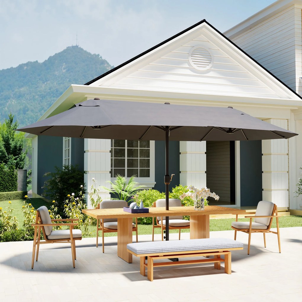 Outsunny Umbrelă Dublă pentru Grădină 455x265x238 cm, Parasolar Mare cu Manivelă Manuală, Rezistentă la Apă, Protecție Solară Gri | Aosom Romania