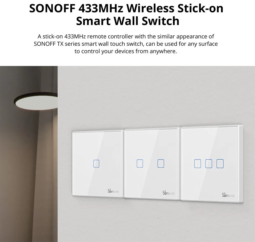 Telecomanda Wireless Sonoff T2EU2C-RF, 2 canale, RF, sticla securizata, alba