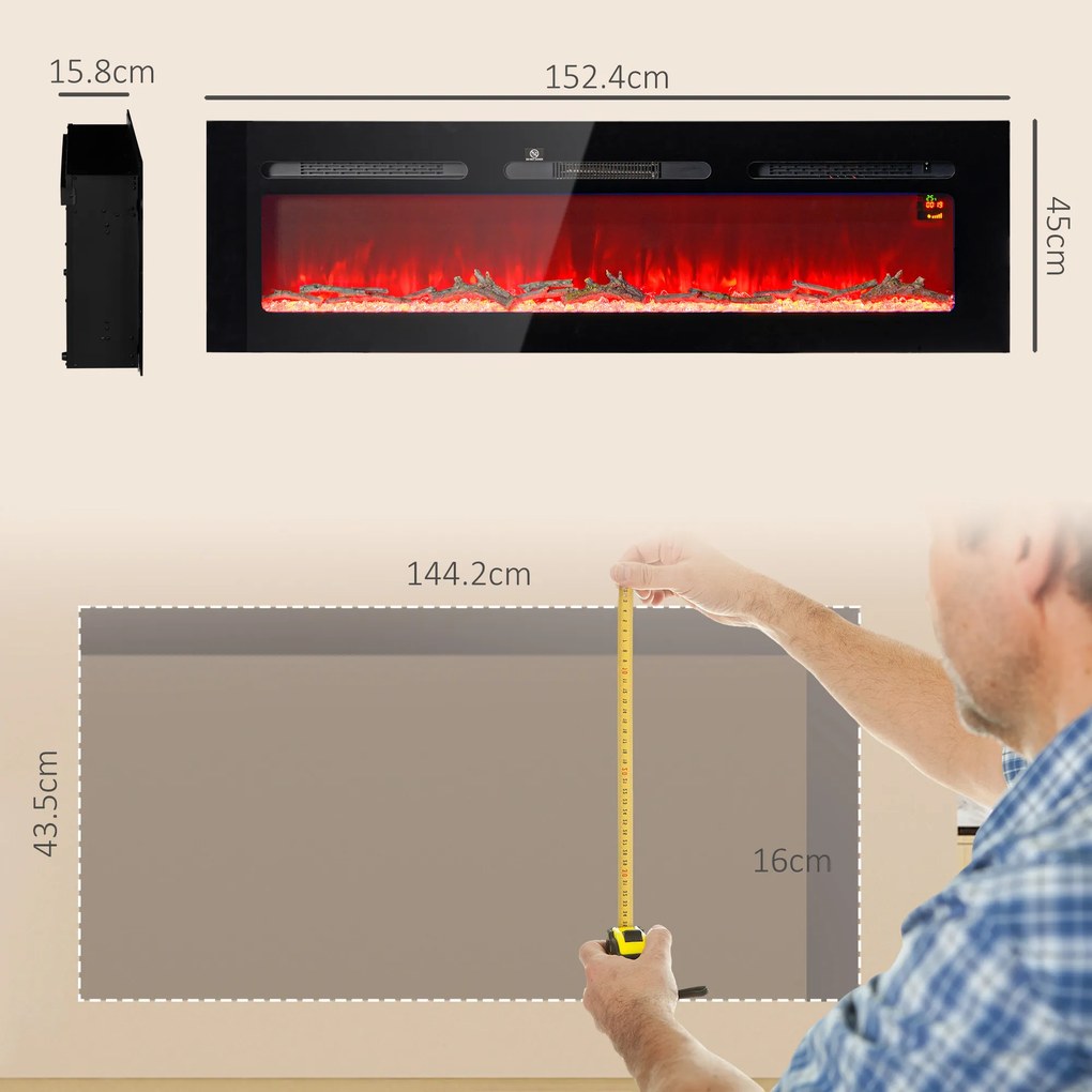 HOMCOM Șemineu Electric Încorporabil cu Telecomandă, Flacără Reglabilă, Temporizator și Termostat, 152,4x15,8x45 cm, Negru | Aosom Romania